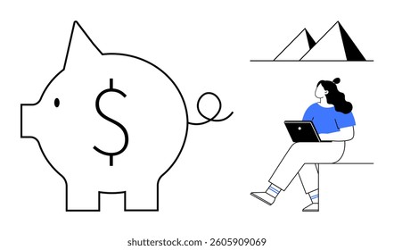 Woman seated with laptop, large piggy bank with a dollar sign, and geometric triangles. Ideal for financial planning, education, personal savings, digital learning, remote work, investment, economic