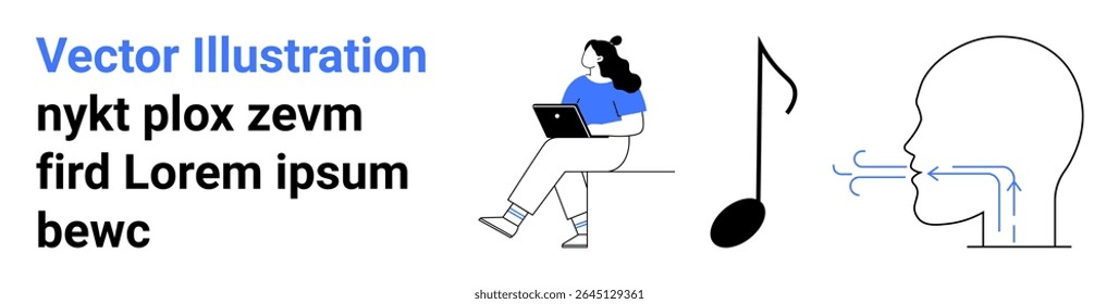 Woman seated with a laptop, musical note symbol, and human profile detailing airflow. Ideal for education, technology, music, health, learning, digital content, and science communication. Landing