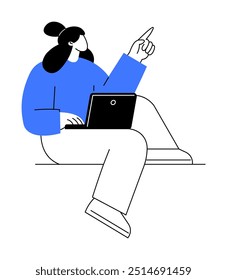 Woman seated with a laptop, pointing upwards. Ideal for work, creativity, technology, communication, business. The style is minimalist with bold blue and white colors.