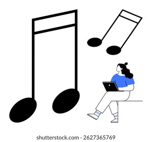 Woman seated with laptop, two large musical notes. Ideal for creativity, music production, online learning, digital work, graphic design, self-expression, educational tools. Line metaphor