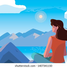 woman seated observing landscape with lake