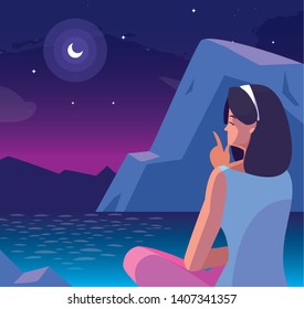 woman seated observing nightscape with lake