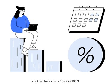 Woman seated on a bar graph working on a laptop. Nearby are a calendar and a percentage symbol. Ideal for financial planning, business analysis, scheduling, project management, productivity tools