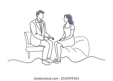 
Mulher sentada em uma cama ao lado de um médico, simbolizando uma consulta médica isolada linha contínua arte plana vetor ilustração sobre fundo branco