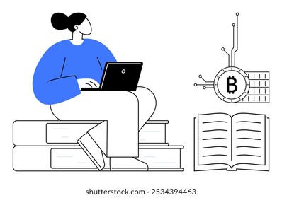 Woman seated on books working on laptop with open book and Bitcoin symbol. Ideal for education, online learning, technology, cryptocurrency, and financial literacy themes. Simple modern style