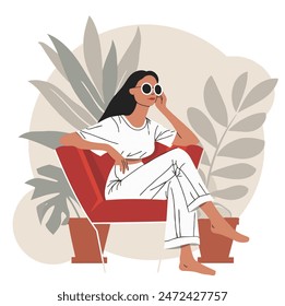 Mujer sentada en la silla: Fondo botánico, concepto de la relajación, Ilustración vectorial plana