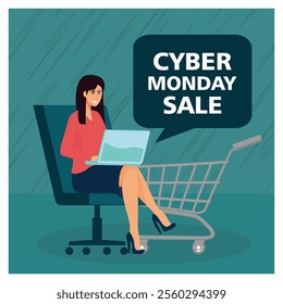 Woman seated on a chair with a laptop, emphasizing online shopping and Cyber Monday sales. Represents convenience, technology, and holiday retail promotions. Flat vector modern illustration 