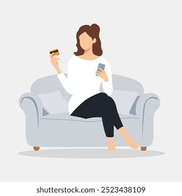 Woman seated on a couch, holding a credit card in one hand and a phone in the other, appearing engaged in online shopping flat vector illustration on white background