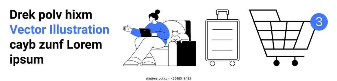 Woman seated on couch working on laptop, suitcase, shopping cart with notification dot. Ideal for productivity, travel, shopping, online business, notifications, digital marketing, lifestyle. Landing