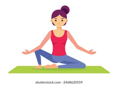 The woman is seated on a yoga mat, assuming a lotus position