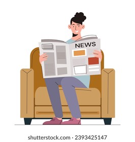 Woman seated at sofa. Young girl with newspaper sit at armchair. Character with news and mass media. Knowledge and information. Cartoon flat vector illustration isolated on white background