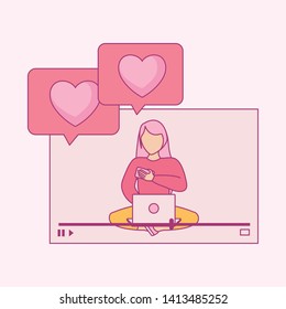 woman seated using laptop computer with speech bubbles