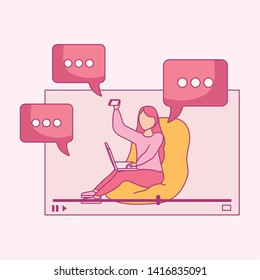woman seated using laptop computer and speech bubbles