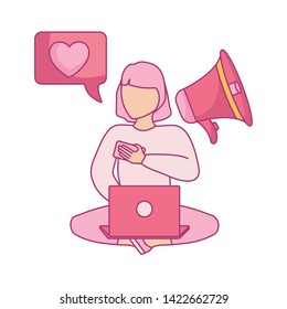 woman seated using laptop computer with megaphone and speech bubble