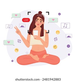 Woman, seated in a yoga position, uses her smartphone for a live session. Surrounding her are icons of social media interactions