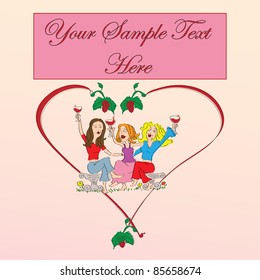 woman seating on a bench drinking wine having fun over a heart