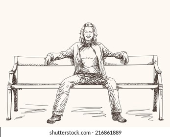 Woman seating on bench Vector Sketch Hand drawn illustration