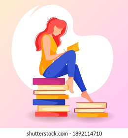 Mujer sentada en los libros y leyendo un libro. Leyendo, estudiando el concepto. Ilustración vectorial aislada en estilo de dibujos animados.