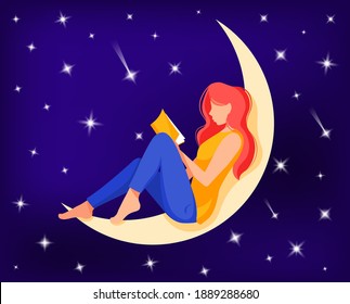 Mujer sentada en la luna creciente y leyendo un libro. Cielo nocturno con fondo de estrellas. Leyendo, estudiando el concepto. Ilustración vectorial al estilo de las caricaturas.