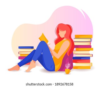 Mujer sentada en el suelo leyendo un libro. Leyendo, estudiando el concepto. Ilustración vectorial aislada en estilo de dibujos animados.