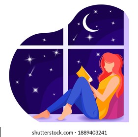 Woman seating on the windowsill and reading a book. Night sky with moon and stars background. Reading, studying concept. Isolated vector illustration in cartoon style.