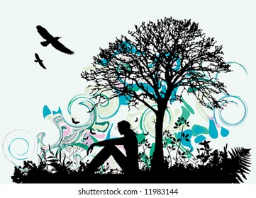 Woman is seating under tree, vector illustration