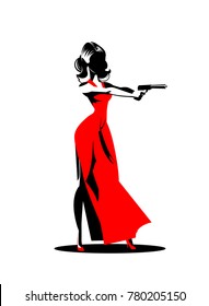 Woman Secret Agent. Posing On Camera. Sexual Woman In Red Dress. Vector Illustration