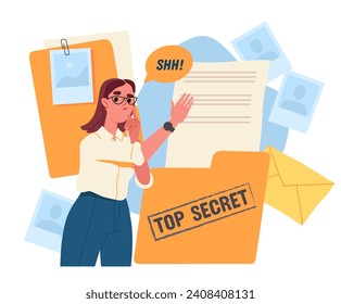 Woman with secret documents. Young girl near folder with top secret files and information. Protection of personal data. Security worker. Cartoon flat vector illustration isolated on white background