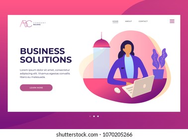 Woman secretary or company worker sitting at table and working on laptop looking at screen. Design template for Landing Page. Header for website and mobile website. Colorful flat vector illustration.