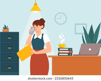 Woman secretary concept. Young girl in office with folder of documents. Character talking on phone. Clerk or manager at workplace. Employee and staff. Cartoon flat vector illustration