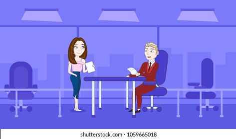 Woman Secretary Giving Boss Sitting At Desk Contracts or Documents Over Silhouette Office Background