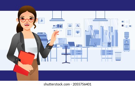 woman secretary giving presentation in the office with office interior as background. used for website or landing page image and other