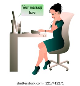 Woman Secretary in green dress is sitting in the office at the table and talking on the phone