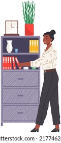 Woman secretary near case with documents. Vector business woman or student takes out folder with paper files. Office worker take archive files. Girl emplyee assistants shelving folders in office