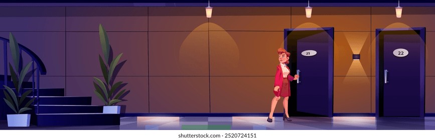 Mulher secretamente entrando no quarto de hotel à noite. Ilustração de desenho animado de vetor do corredor com muitas portas e escada, luzes na parede e vasos de flores no chão, funcionário corporativo no corredor da empresa