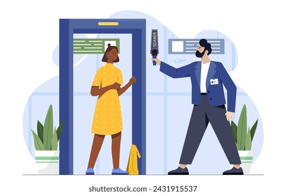 Mujer con concepto de control de seguridad. Chica joven con escáner de registro en el aeropuerto. Seguridad y protección. Trabajador de guardia con detector de metales. Ilustración plana del vector de la historieta aislada sobre fondo blanco