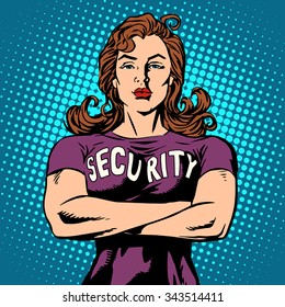 woman security guard pop art retro style. Security Agency protection and sport