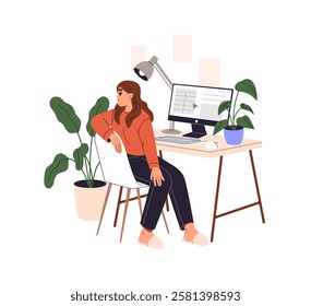 Woman with sedentary work stretches on chair at break. Office worker does physical exercises at computer desk. Employee does yoga workout at home workplace. Flat isolated vector illustration on white