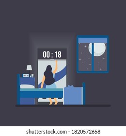 Woman see the clock on the phone in the midnight metaphor of insomnia.