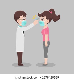 woman see doctor for check herself, Doctor scanning woman temperature for corona virus scanning, wear face mask surgical protective Medical mask for prevent virus. Health care concept.