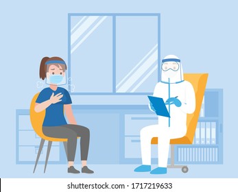 Woman See Doctor For Check Herself, Doctor In Personal Protective Suit Consulting Female Patient, People Wear Face Mask Surgical Protective Medical Mask For Prevent Coronavirus. Health Care Concept.