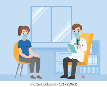 Woman see doctor for check herself, Doctor consulting female patient, People wear face mask surgical protective Medical mask for prevent coronavirus. Health care concept.