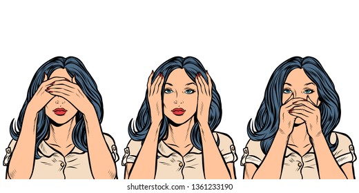 woman I see nothing, hear nothing, say nothing. isolate on white background. Pop art retro vector illustration vintage kitsch