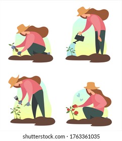 Woman seed a plant in ground. .People summer gardening - set of vector flat cartoon illustrations of people doing garden job - watering, planting, growing and trantransplant sprouts, crop harvest seed