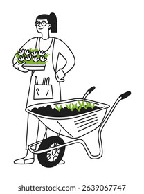 Woman with seedlings in her hands, taking care of plants. Garden cart. Caring for nature. Gardening. Ecology. Vector illustration doodle