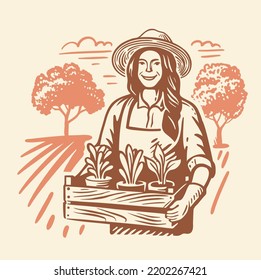 Woman with seedlings stand in garden. Gardener holding box of plant