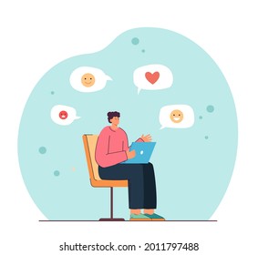 Woman seeing different reactions to post on social media. Girl with laptop, emoticons flat vector illustration. Communication, internet, technology concept for website design or landing web page