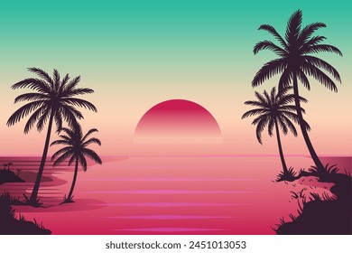 Woman seeing the summer landscape in her hair evening beach at
palm tree illustration,