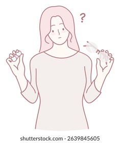 A woman seems perplexed as she holds various items while questioning and contemplating the situation around her