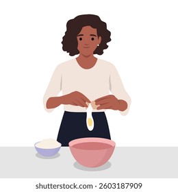 Woman is seen cracking an egg into a mixing bowl, preparing ingredients for baking. Flat vector illustration